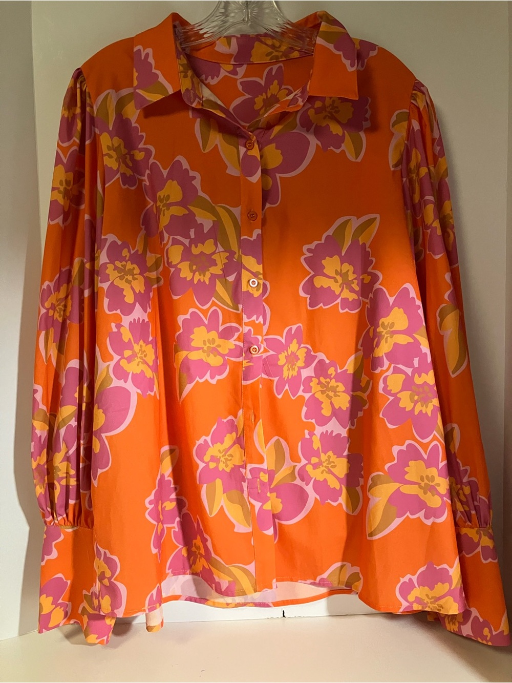Bright Orange Floral Button-Down Blouse